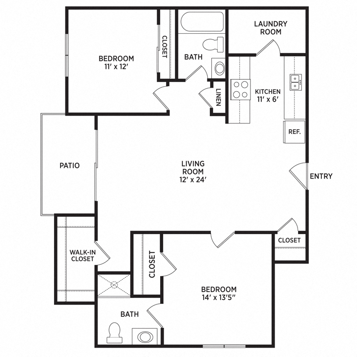 Floor plan for 2 beds, 2 baths, 1056 sqft